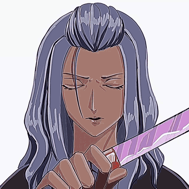 a drawing of a woman with long purple hair holding a sword