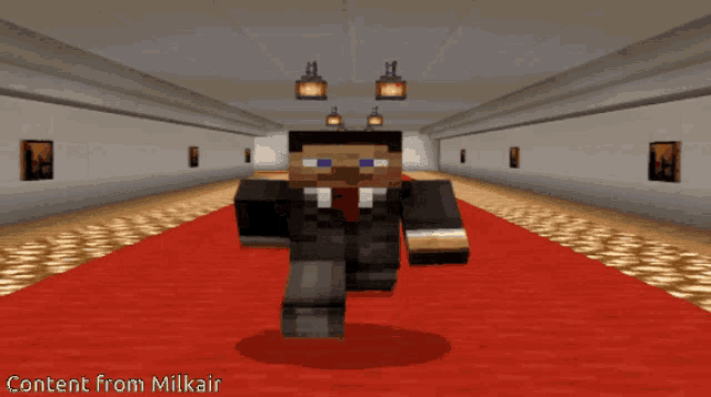 a minecraft character is walking down a red carpet with content from milkair below him
