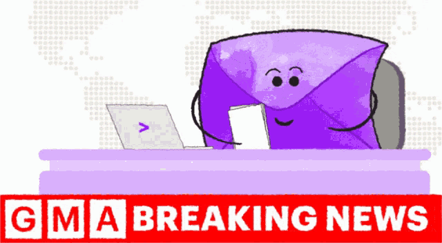 a cartoon of an envelope sitting at a desk with gma breaking news written on the bottom