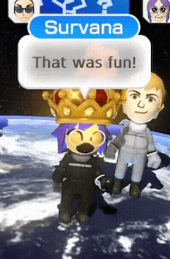 a video game character with a speech bubble that says ' survana that was fun '