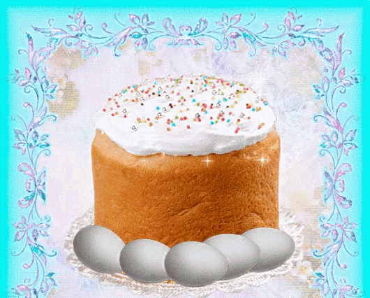 a cake with white frosting and sprinkles sits on a plate with eggs