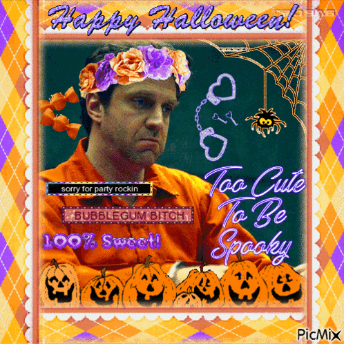 a picture of a man with a flower crown on his head with the words happy halloween too cute to be spooky