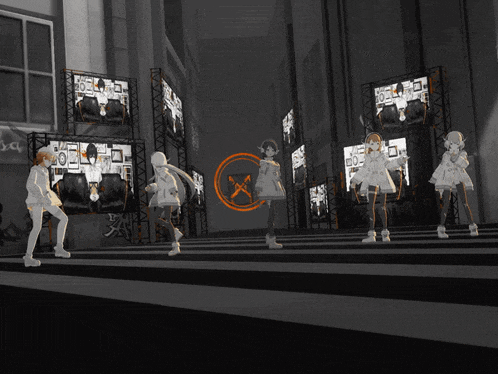 a group of anime characters are standing in front of a sign that says ' x ' on it