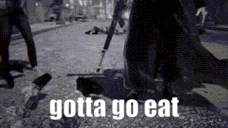 a black and white photo of a man laying on the ground with the words `` gotta go eat '' .