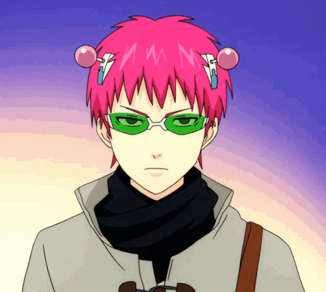 a man with pink hair and green glasses looks serious