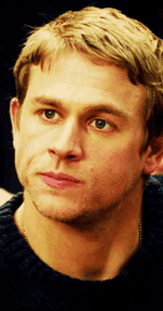 a close up of a man 's face with a blue sweater on