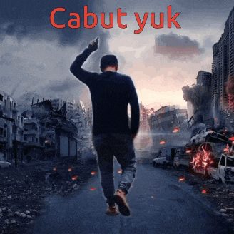 a man walking down a street with the word cabut yuk on the bottom right