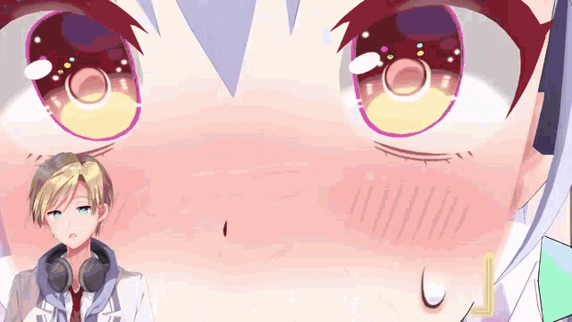 a boy and a girl are standing next to each other with headphones on their ears
