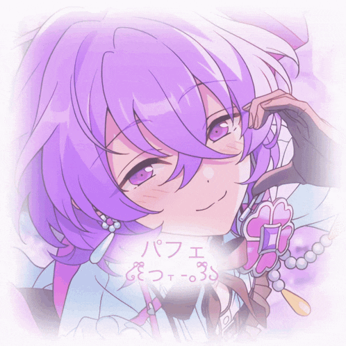 a drawing of a girl with purple hair and a flower necklace