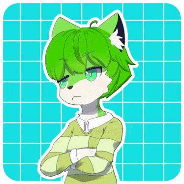 a drawing of a furry character with green hair and a white ear