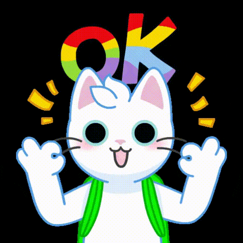 a white cat with a green backpack giving a thumbs up