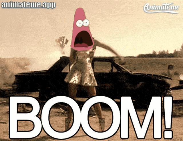 an animateme app shows a woman standing in front of a car and the word boom