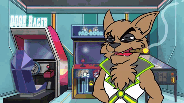 a cartoon dog smoking a cigar in front of a doge racer arcade machine