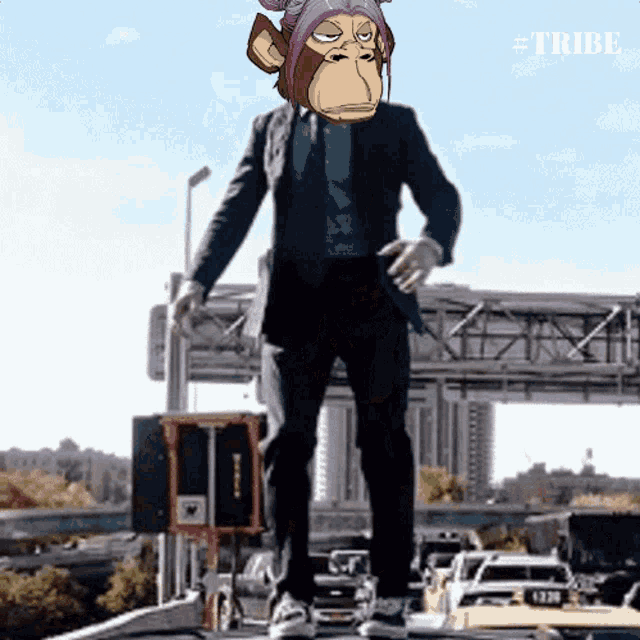a man in a suit with a monkey on his head stands on top of a taxi