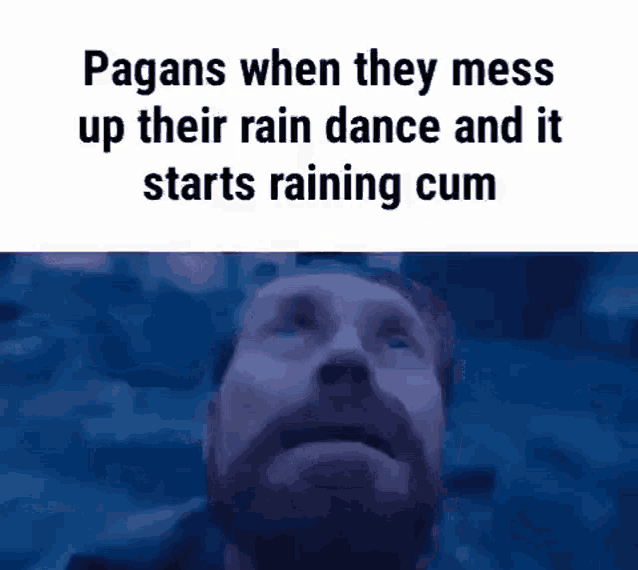 a man with a beard is looking up at the sky in a meme .