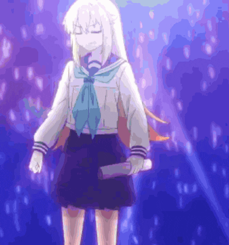a girl in a school uniform is holding a microphone on a stage
