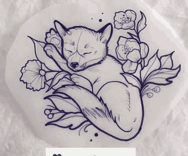 a black and white drawing of a sleeping fox surrounded by flowers and leaves .