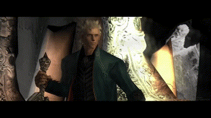 a man in a suit is holding a sword in a dark room .