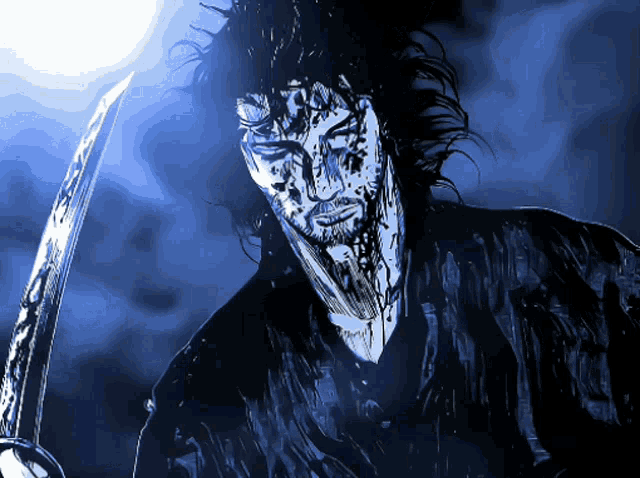 a drawing of a man holding a sword with blood coming out of his face