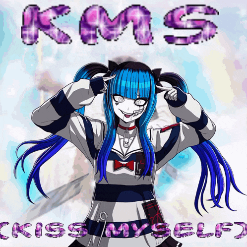 a picture of a girl with blue hair and the words kiss myself