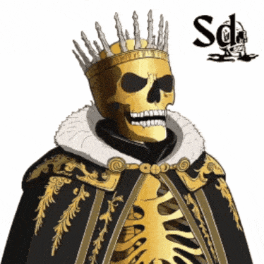 a drawing of a skeleton wearing a crown and a cape