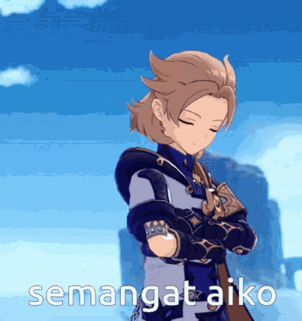 a cartoon character is standing with his arms crossed and the words semangat aiko written below him