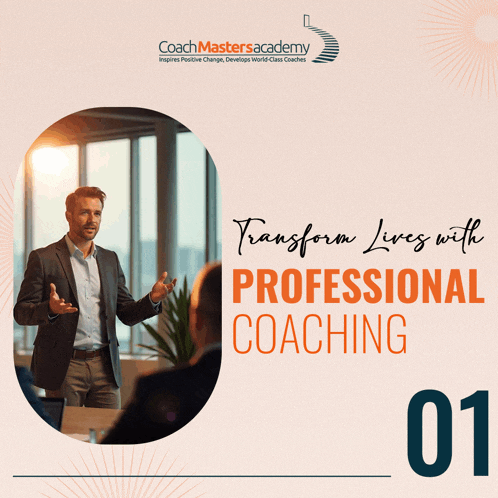 a poster for the coach masters academy shows a man giving a presentation