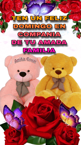 two teddy bears are surrounded by red roses and purple butterflies