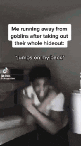 a man is running away from goblins after taking out their whole hideout and jumps on his back
