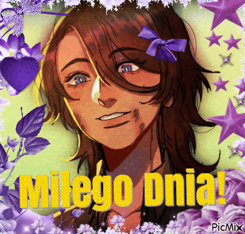 a picture of a girl with a purple bow and the words milego onia