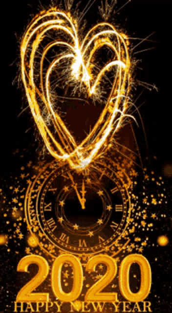 a happy new year greeting card with a heart made of sparklers