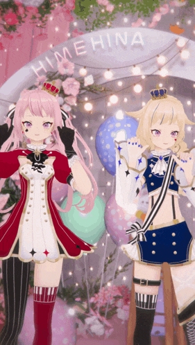 a couple of anime girls standing in front of a sign that says himehina