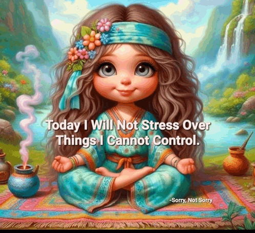 a painting of a girl sitting in a lotus position with the words today i will not stress over things i cannot control below her