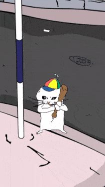 a cartoon of a cat wearing a hat holding a bat