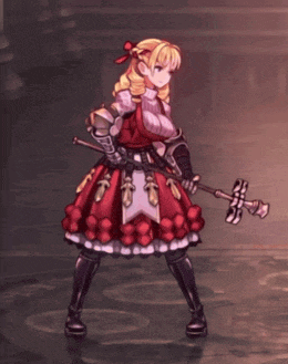 a girl in a red dress holding a sword