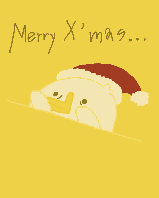 a drawing of a duck wearing a santa hat with merry x mas written below it