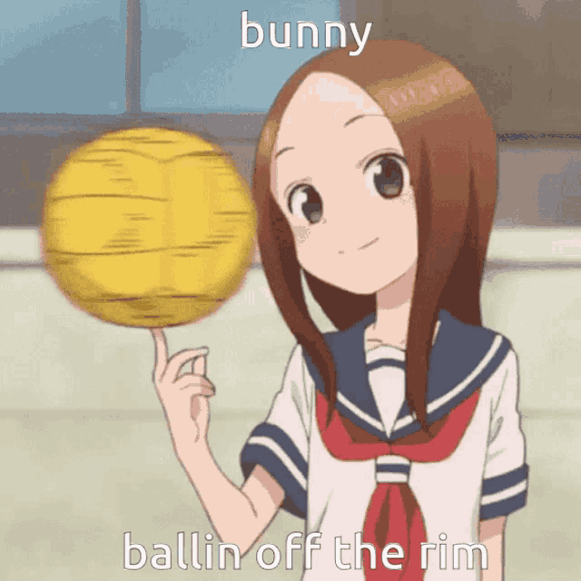 a girl in a school uniform is balancing a ball on her finger with the words bunny ballin off the rim above her