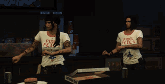 two women wearing shirts that say pirate pete are dancing