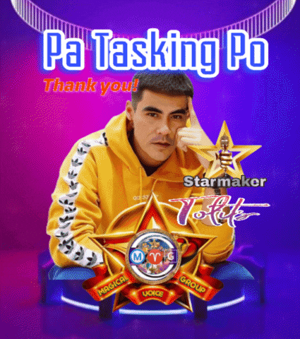 a man in a yellow hoodie is sitting in front of a star and the words pa tasking po thank you