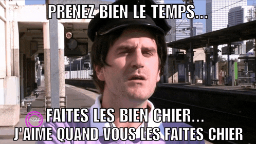 a man wearing a hat with the words prenez bien le temps