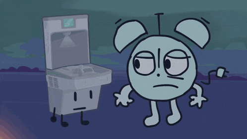 a cartoon drawing of a water dispenser and a clock