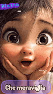 a cartoon girl with a surprised look on her face and the words che meraviglia on the bottom
