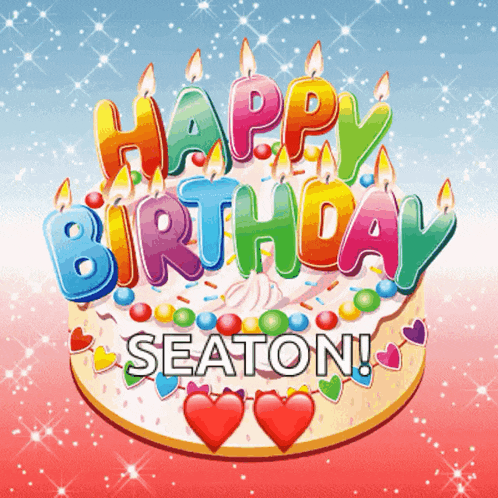 a colorful birthday cake with the name seaton on it