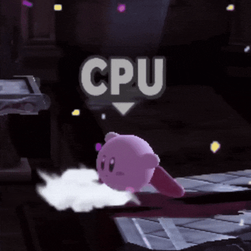 a video game screen shows kirby and the word cpu below him
