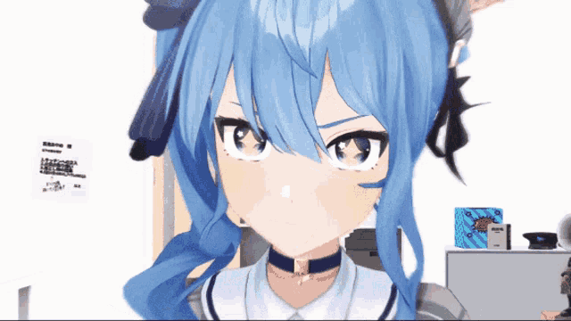 a blue haired anime girl with a white shirt and a blue choker