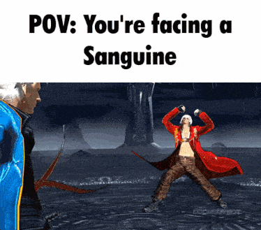 a video game scene with a caption that says " pov you 're facing a sanguine "