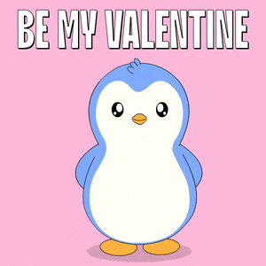 a penguin is holding flowers and a heart with the words be my valentine below it
