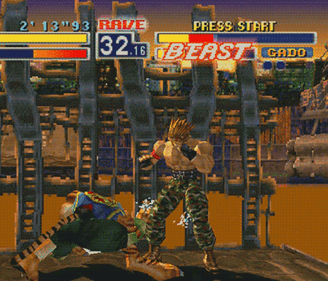 a video game screen shows two fighters fighting each other with a sign that says press start