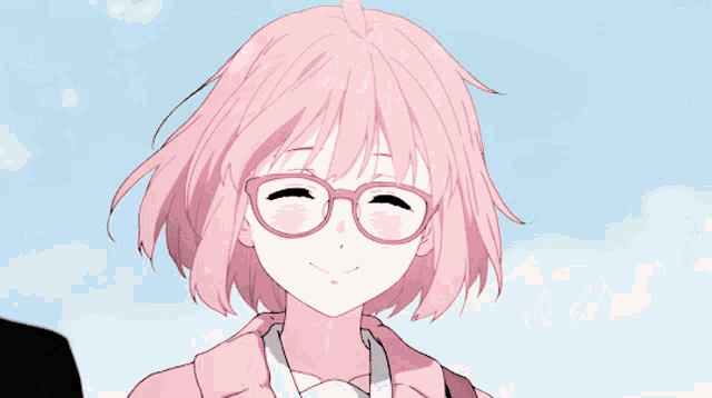 a girl with pink hair and glasses is smiling and looking up