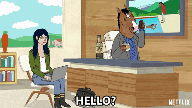 a cartoon of a woman sitting at a desk with a laptop and a horse head says hello